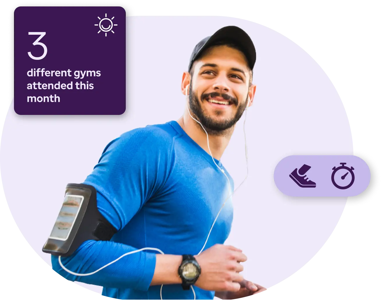 Man running with hat on lavender background