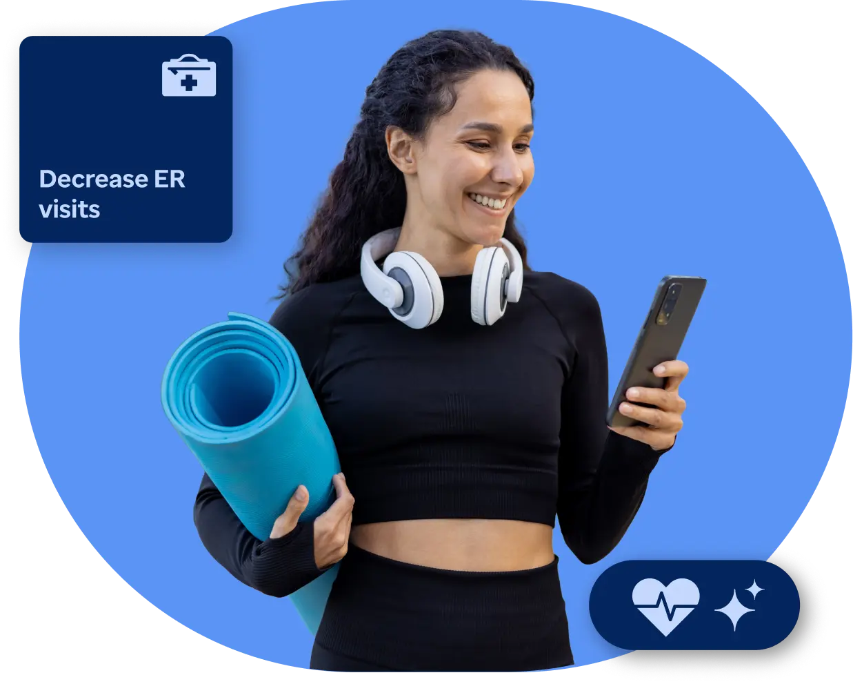 Woman with smartphone smiling on blue background