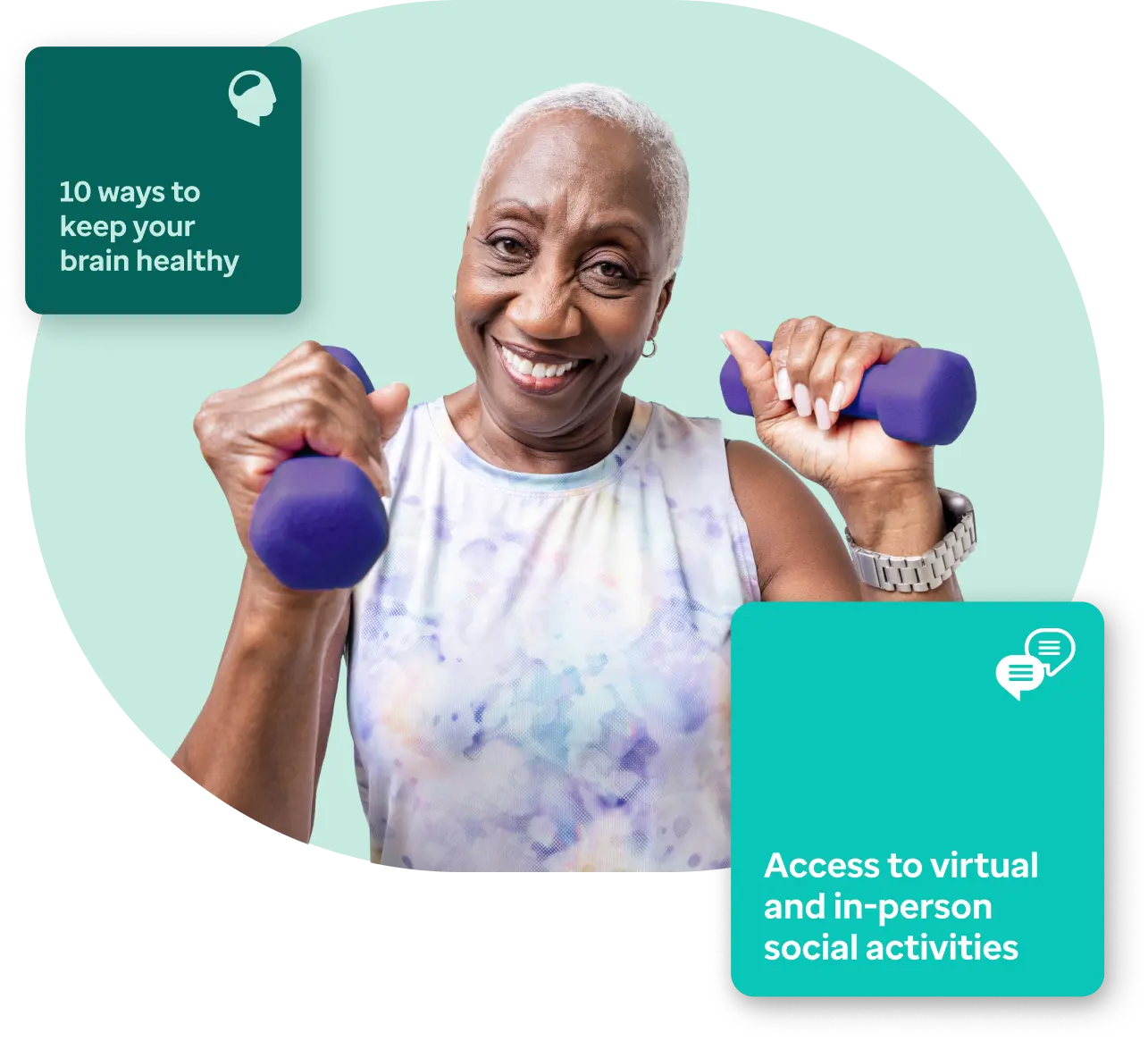 Woman with dumbbells smiling on mint background